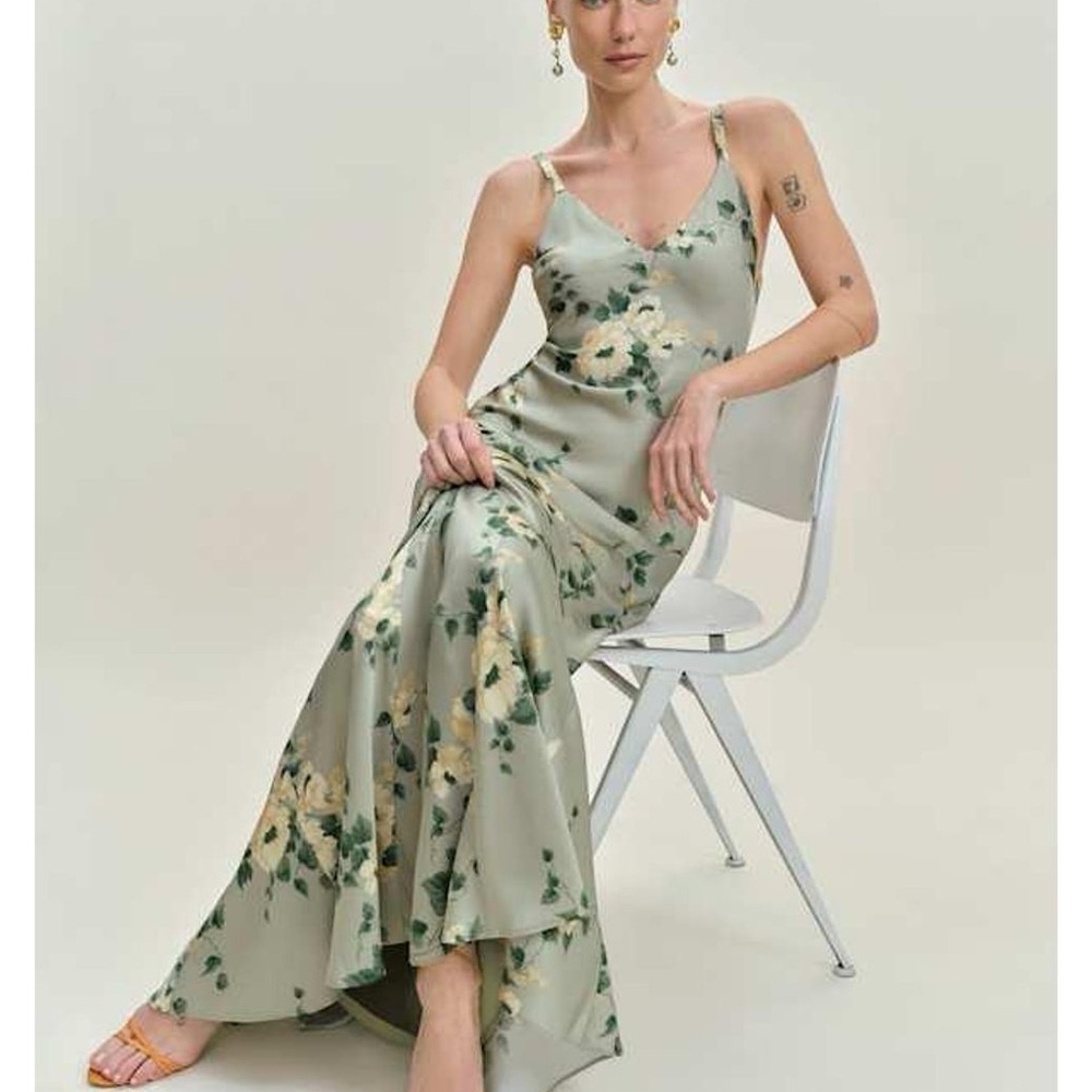 Reformation Tyler Satin Dress Gown Size 4 Shade Green - Picture 2 of 5